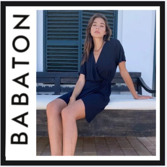 Aritzia Babaton Wallace Navy Blue Tie Waist Wrap Mini Dress - Picture 1 of 3